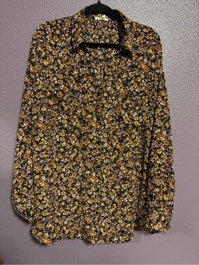 Maurices Black Floral Button-Down Blouse with Yellow & Purple Flowers